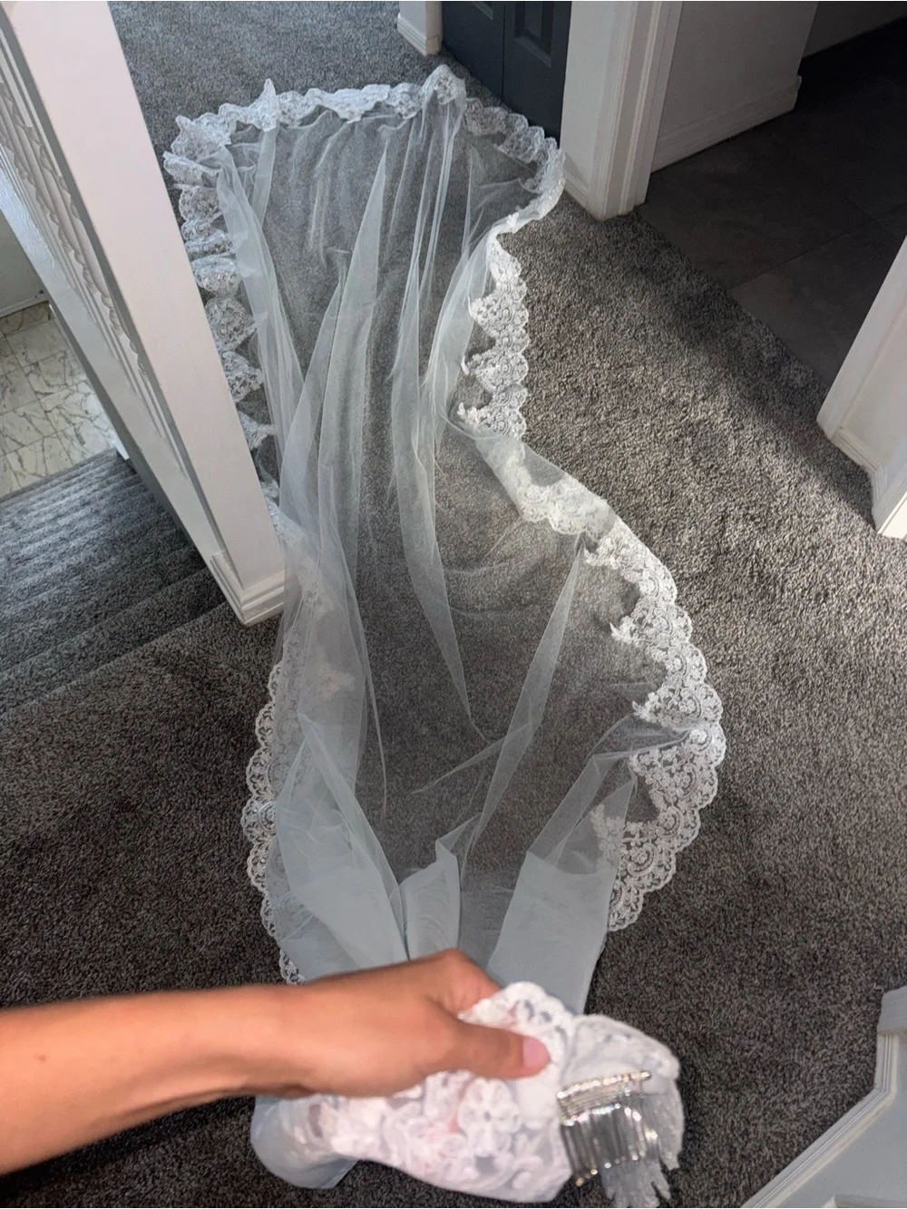 New worn White Lace-Edged Bridal Veil - Elegant Sheer Wedding mantilla Veil
